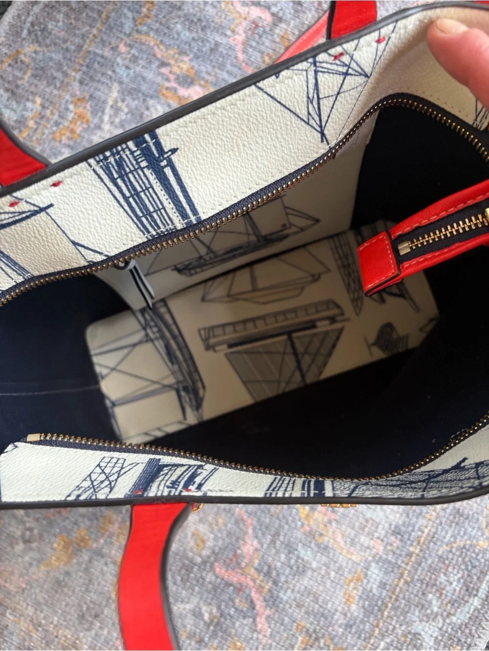 Tory Burch ‘Kerrington’ Small Nautical Ship Print Tote Orange-Red Trim & Strap